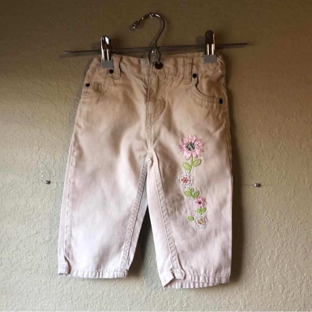 Beige Floral Embroidered Kids Casual Bottoms